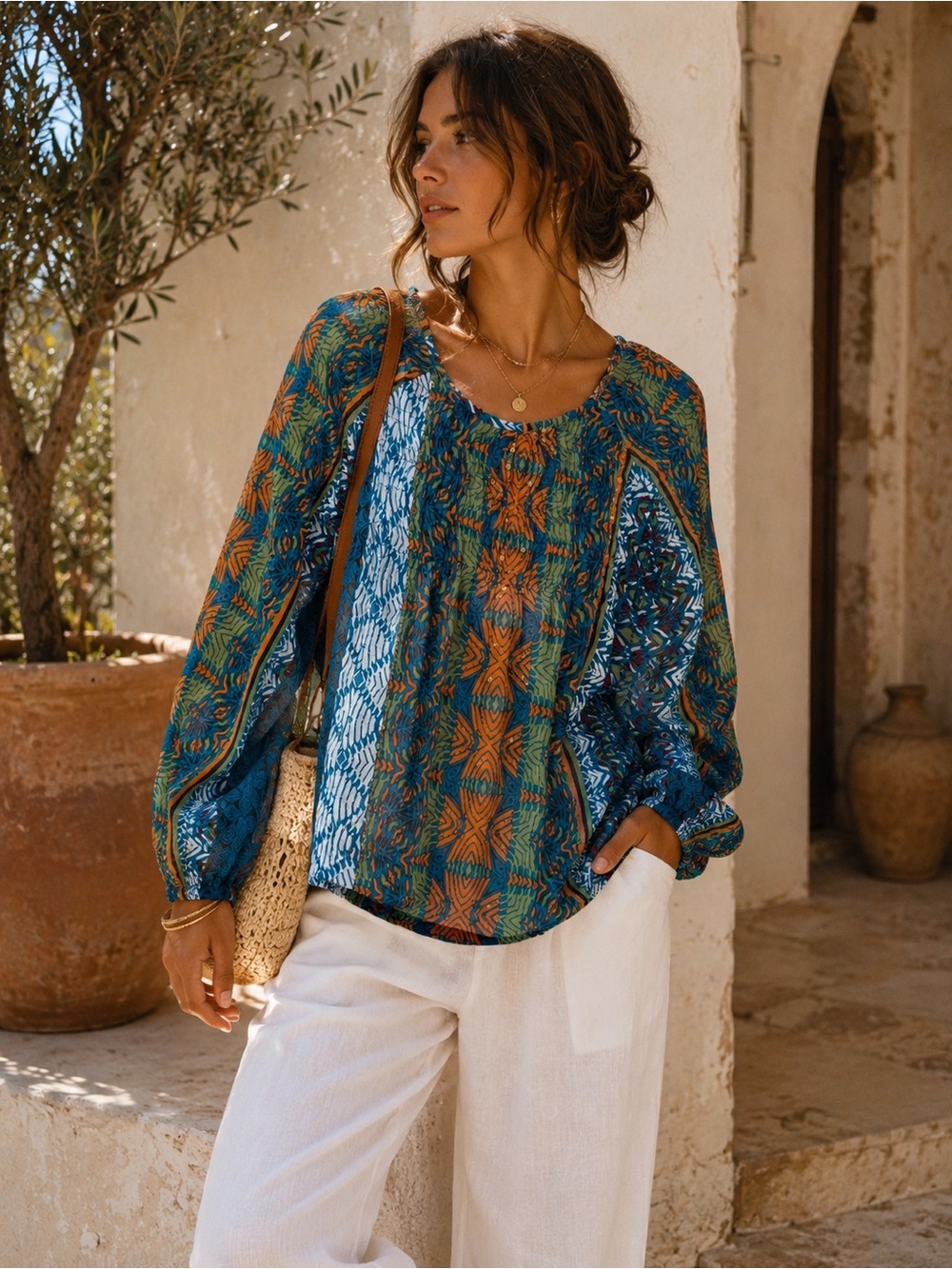 Angie Boho Peasant Blouse Sequin Tribal Print Long Sleeve Tunic Size S